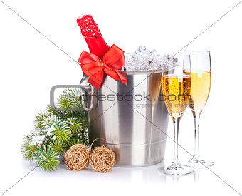 Christmas champagne and snow fir tree