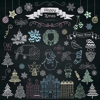Hand Drawn Artistic Christmas Doodle Icons on Chalk Board Texture