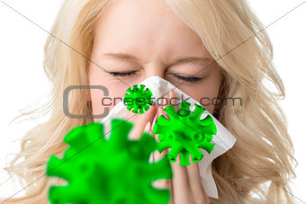 Ill woman with tissue is sneezing virus