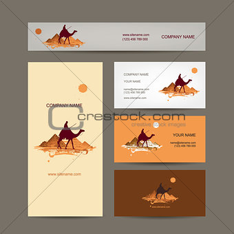 Business cards design. Traveling by camel at pyramids