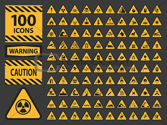 Vector icn set triangle yellow warning caution hazard signs.