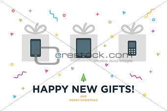 Happy New Gifts Christmas Card with Gadget in white gift box and modern design elements