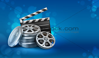 Movie film disks with directors clapper for cinematography