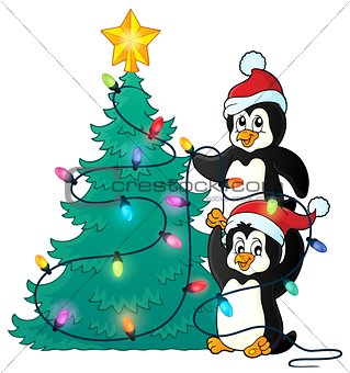 Penguins near Christmas tree theme 1