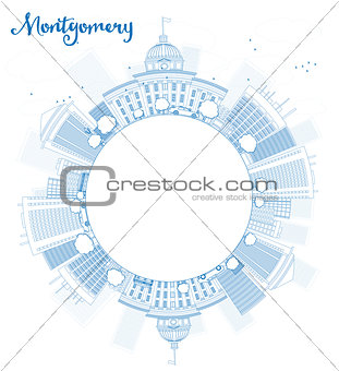 Outline Montgomery Skyline with Blue Building and copy space