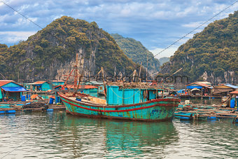 Asian floating village at Halong Bay