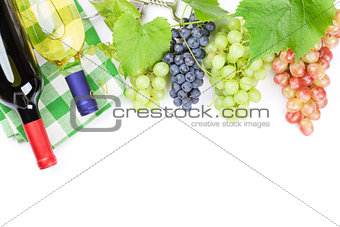 Bunch of red, purple and white grapes and wine