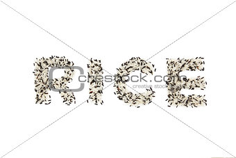 RICE letters from mix of black rice and white rice on white background