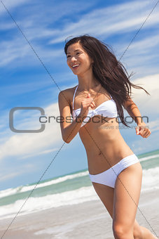 Sexy Woman Girl in Bikini Running on Beach
