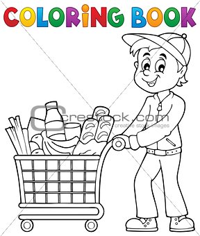 Coloring book man with shopping cart