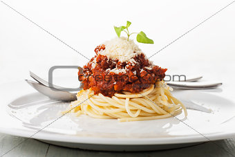 spaghetti with bolognes on a plate 