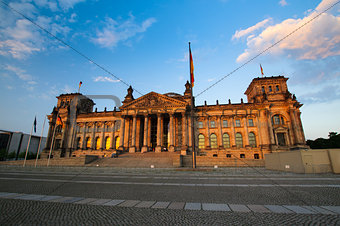Front scenic view on Reichstag in the evening