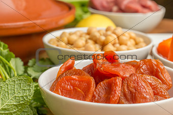 Ingredients for a Moroccan dish with dried apricots