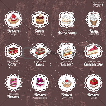 Set with different kinds of dessert. cake, muffin, macaroon, pie. Vintage style.  For your design, announcements, postcards, posters, restaurant menu.