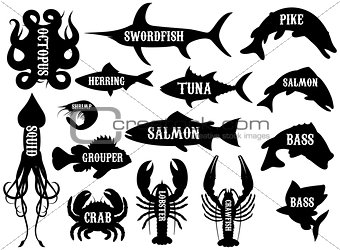 monochrome vector set of silhouettes of sea products