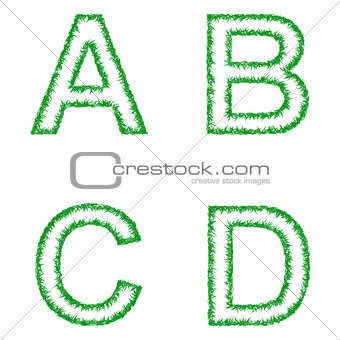 Green grass font set - letters A, B, C, D
