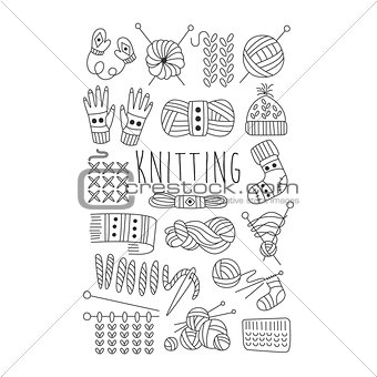 Knitting. Black and White Vector Hand drawn Set.
