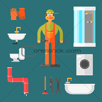 Plumber and Equipment Vector Illustration