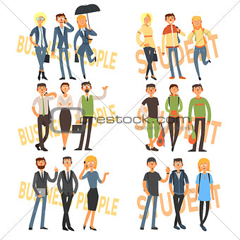 Group Cartoon Business People and Students. Vector Illustration Set