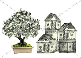 Three houses from dollars banknotes and money tree