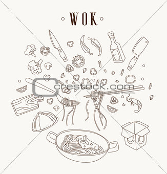Wok illustration. Asian frying pan. Concept illustration for restaurant