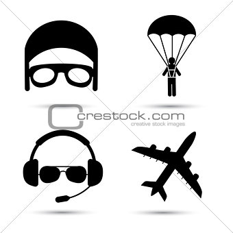 Skydiver on parachute, pilot, airplane silhouette icons. Vector format