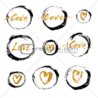 Set of vector grunge ink circles with golden hearts and lettering