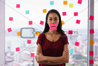 Busy Person Holds Sticky Note On Mouth With Emoticon