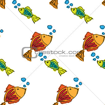 Fish contour hand drawn painted on a white background, seamless pattern