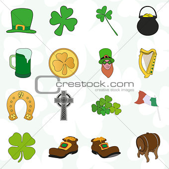 irish patrick day colorful cartoon icons set 