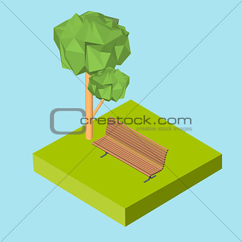 Isometric 3D icon. Pictograms bench on the grass and the tree. Vector illustration eps 10