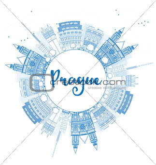 Outline Prague skyline with blue landmarks and copy space