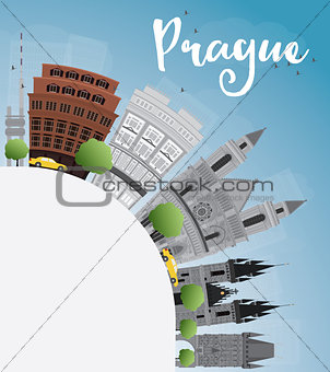 Prague skyline with grey landmarks, blue sky and copy space.