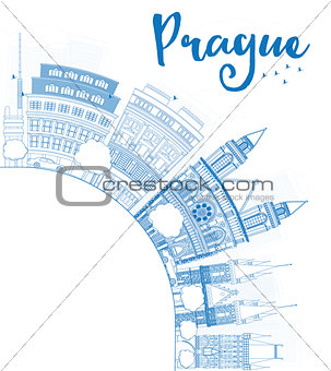 Outline Prague skyline with blue landmarks and copy space. 