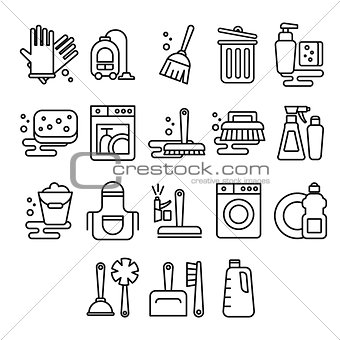 Cleaning, laundry, washing, broom, cleanliness, washing windows, freshness, bucket vector icons in flat