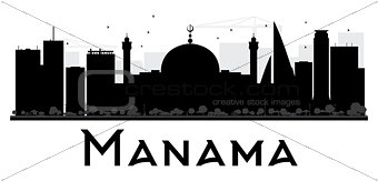Manama City skyline black and white silhouette.