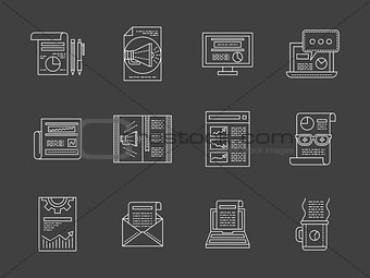 Advertising articles white line vector icons set
