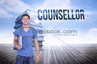 Counsellor against stack of books against sky
