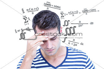 Composite image of close up of sad hipster with one hand on head