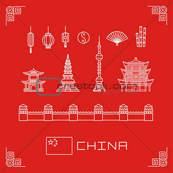 vector illustration set china buildings pagoda, lantern, flag, fan, flat line design