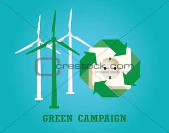 green campaign with electricity plug and wind turbine vector