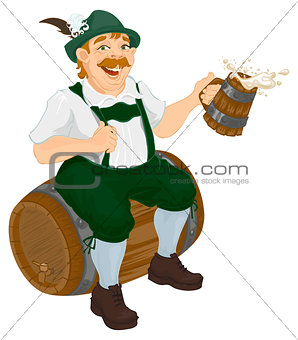 German man sits on an oak barrel and holding wooden beer mug. Bavarian fat man celebrating oktoberfest