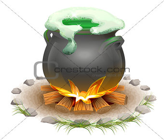 Magical potion brewed in pot. Magic ale St Patricks Day. Full pot on fire