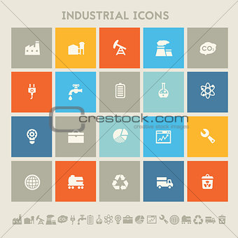 Industrial icons. Multicolored square flat buttons