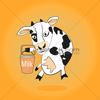 Smiling cow gives milk bucket