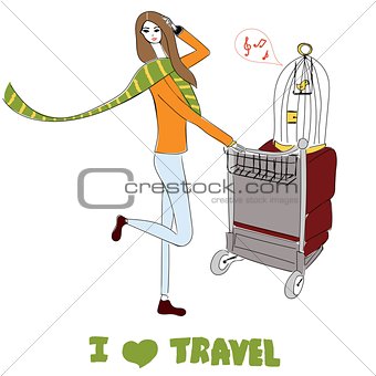 Young women with suitcases and bird cage. For t-shirts print, phone case, posters, bag print, cup print or notepad cover