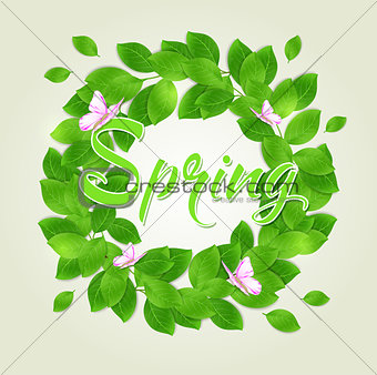 Round floral frame with green leaves