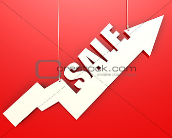 White arrow with sale word hang on red background