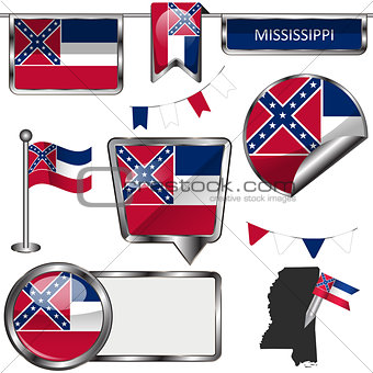 Glossy icons with flag of state Mississippi