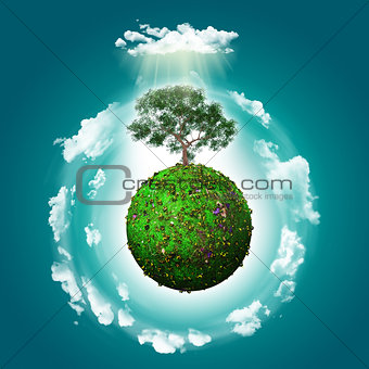 3D grassy globe with a tree and clouds